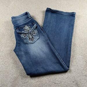 Telepatia Juniors 1/25 Mid Rise Wide Leg‎ Jeans  Rhinestone Embroider Pockets